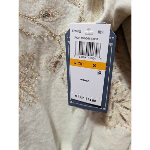 NEW! Democracy V-Neck Knot Hem Long-Sleeve Top Cream Size S Beaded Sequins - Picture 3 of 12